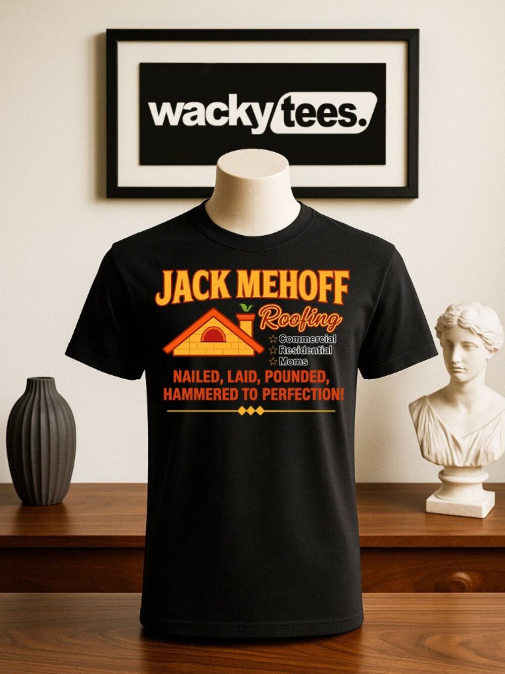 Jack Mehoff Roofing Company Funny Jerk Adult Humor Graphic Tee Shirt
